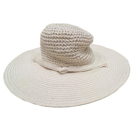 𝅺Woven Ivory Wide Brimmed Floppy Travel Vacation Pool Beach Summer Hat - Picture 4 of 10
